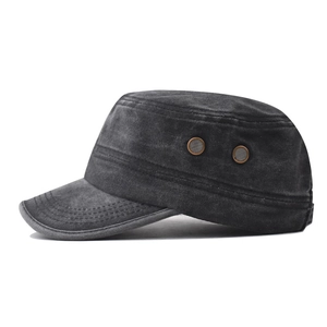 Herren Vintage Militär-Mütze aus gewaschener Baumwolle in Dunkelgrau mit Flachkopf-Design