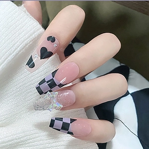 Long Ballerina Press On Nails Checkerboard Black Heart Bow Rhinestone Sweet Cool Style Women Manicure Finger Decoration