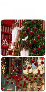 Close-up of elegant burgundy flocked Christmas balls with gold caps on a festive tree