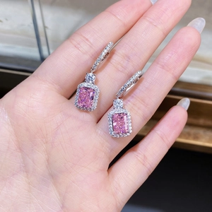 Sparkling radiant cut pink gemstone earrings in S925 sterling silver with halo zircons