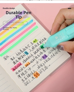 Close-up of mint green pill highlighter showing the wear-resistant wedge tip and ink flow