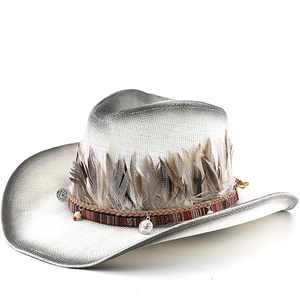 Western Cowboy Hat Woven Straw Polyester With Feather Trim Wide Brim Sun Protection Vintage Boho Outdoor Travel Hat Unisex
