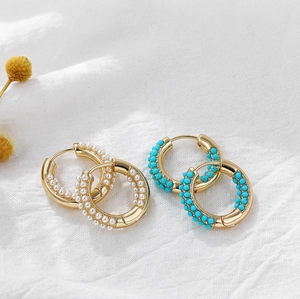 Retro 18K Gold Plated Hoop Earrings With Pave Turquoise Beads And White Faux Artificial Pearl Geometric Boho Jewelry For Women