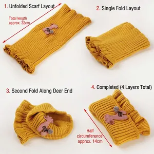 Knitted kids neck warmer with cartoon deer patch shown in four-layer folding steps