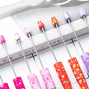 Colorful DIY Valentine heart series plastic beaded ballpoint pens with printed love motifs
