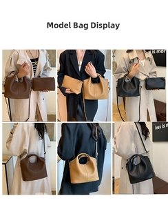 Detail view of retro leather bucket bag set in brown, khaki, and black with shoulder straps