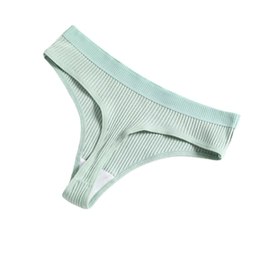 Mint green ribbed cotton thong for women with elastic waistband and soft cotton lining