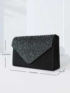 Elegant black evening clutch with crystal rhinestones and dimensions shown on white background