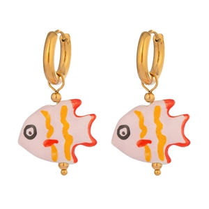 Detail of colorful koi fish ceramic dangle earrings with gold hoop and enamel finish