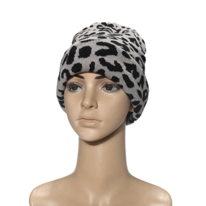 Stylish gray leopard print knit beanie for women featuring a warm jacquard pattern