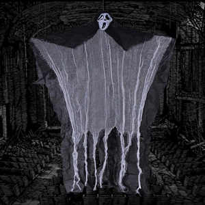 Detailed view of Halloween ghost decoration with gauze fabric and scream mask detail