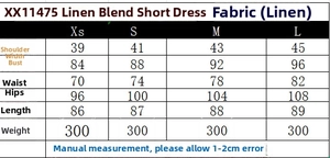 Size chart showing measurements for the sleeveless linen-blend mini dress and belt