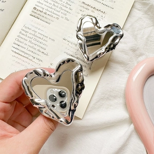 Heart Shaped Phone Grip Holder With Mirror Liquid Metal Style Alloy Silver Foldable Expanding Stand For Smartphone