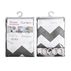 Waterproof polyester shower curtain with grey chevron pattern and white C-type hooks