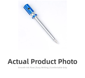 Detailed view of a creative screwdriver-shaped ballpoint pen with blue textured handle