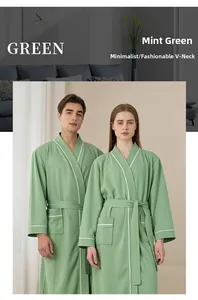 Detail of mint green waffle robe with stylish V-neck design and white trim pockets