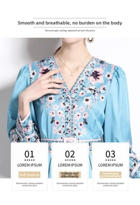Macro shot of V-neckline detail and floral pattern on light blue long sleeve dress