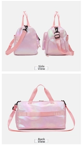 Pink laser holographic duffel bag with shoulder strap and luggage sleeve detail