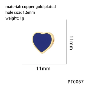 Detailed view of blue heart enamel copper gold plated bead with size specifications