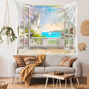 Close-up of 3D window wall tapestry with castle sea view in a modern living room decor