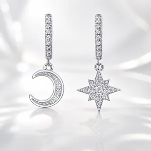 925 Sterling Silver Moissanite Star Moon Hoop Earrings For Women Asymmetric Drop Earrings With GRA Certificate Jewelry
