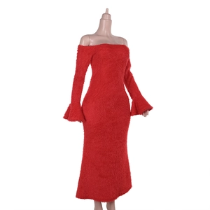 Detailed view of red off-shoulder bodycon dress featuring elegant faux fur and flare sleeves