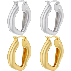 Polished hollow U-shaped hoop earrings in gold and silver with irregular twisted design