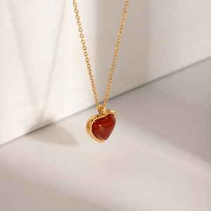 18k gold plated stainless steel necklace with heart-shaped red agate stone pendant