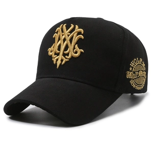 Black high-top baseball cap with gold embroidery and side wolf patch for large head sizes