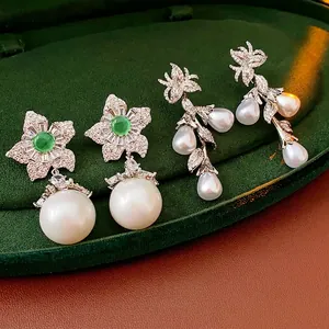 French Vintage Luxury Flower Artificial Pearl Drop Earrings With Silver Earring Post Cubic Zirconia Elegant Jewelry For Women