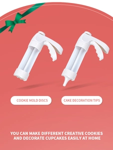 Detail of cookie press set with interchangeable discs and frosting nozzles for baking