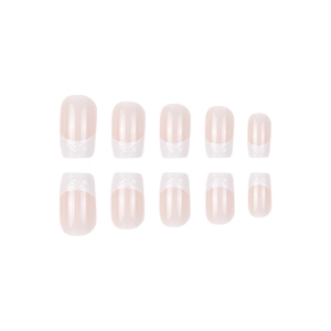French tip press-on nails with silver glitter gradient and light pink base, 10 pieces set