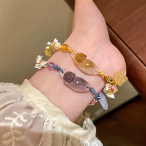 Bracelet Tressé À La Main Pendentif Chat Étoile En Résine Chaîne Réglable Perles De Fleurs Bijoux Pour Femmes Filles