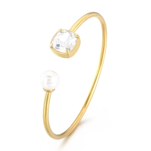 Bracciale rigido a C dorato con perla bianca rotonda e pietra di zircone quadrato