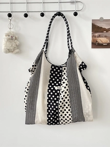 Sac fourre-tout en toile à pois et rayures de style français avec étiquette Sozakka