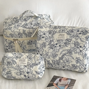 Detailed macro view of quilted fabric toiletry bags with navy blue floral patterns