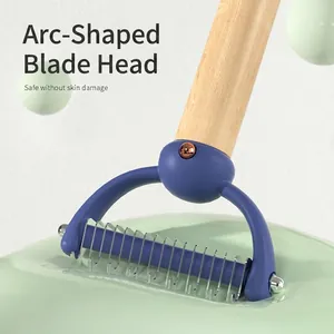 Double-sided pet de-shedding tool with beech wood handle and safe stainless steel blades