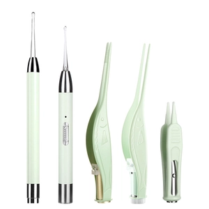 5-piece illuminated ear wax removal set with mint green LED scoops and tweezers