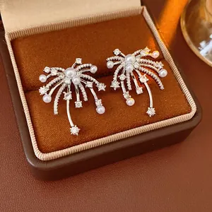 Firework Stud Earrings With Zircon Imitation Artificial Pearl And Silver Earring Post Elegant Sparkly Jewelry For Women