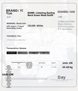 Detailed size chart for sexy white maid uniform cosplay set with fabric specifications