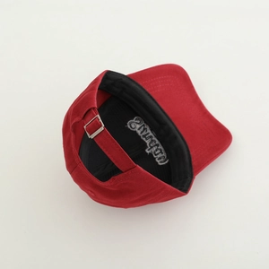 Red kids baseball cap with SUNDAY embroidery and adjustable metal buckle back view