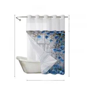 Detail view of double-layer marble pattern waterproof shower curtain with blue rose prints