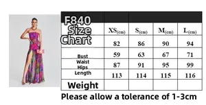 Size chart for floral strapless dress with XS to L measurements in centimeters