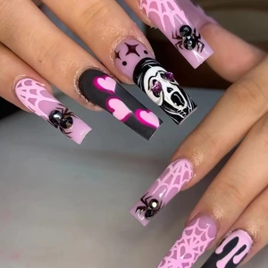 Press On Nails Long Coffin Halloween Spider Web Skull Heart Pattern Pink Black Rhinestone Artificial False Nails