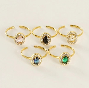 Adjustable 18K gold-plated oval rings with colorful stones and pave crystal borders
