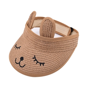 Kids khaki straw sun visor hat with cute rabbit ears and embroidered cat face detail