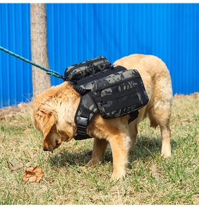 Tactical camouflage dog harness detail with side pouches and MOLLE system for large dogs