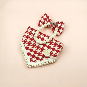 Red houndstooth pet bandana and pearl necklace set with camellia flower for dogs