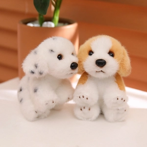 Cute plush dalmatian and golden retriever dog keychains with soft faux fur texture