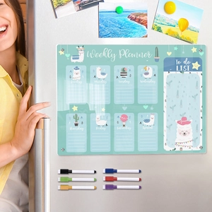 Weekly magnetic acrylic planner with llama pattern and six markers on a fridge surface